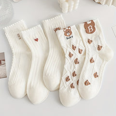 5 Pairs Cartoon Bear Print Socks & Mid Tube Stockings