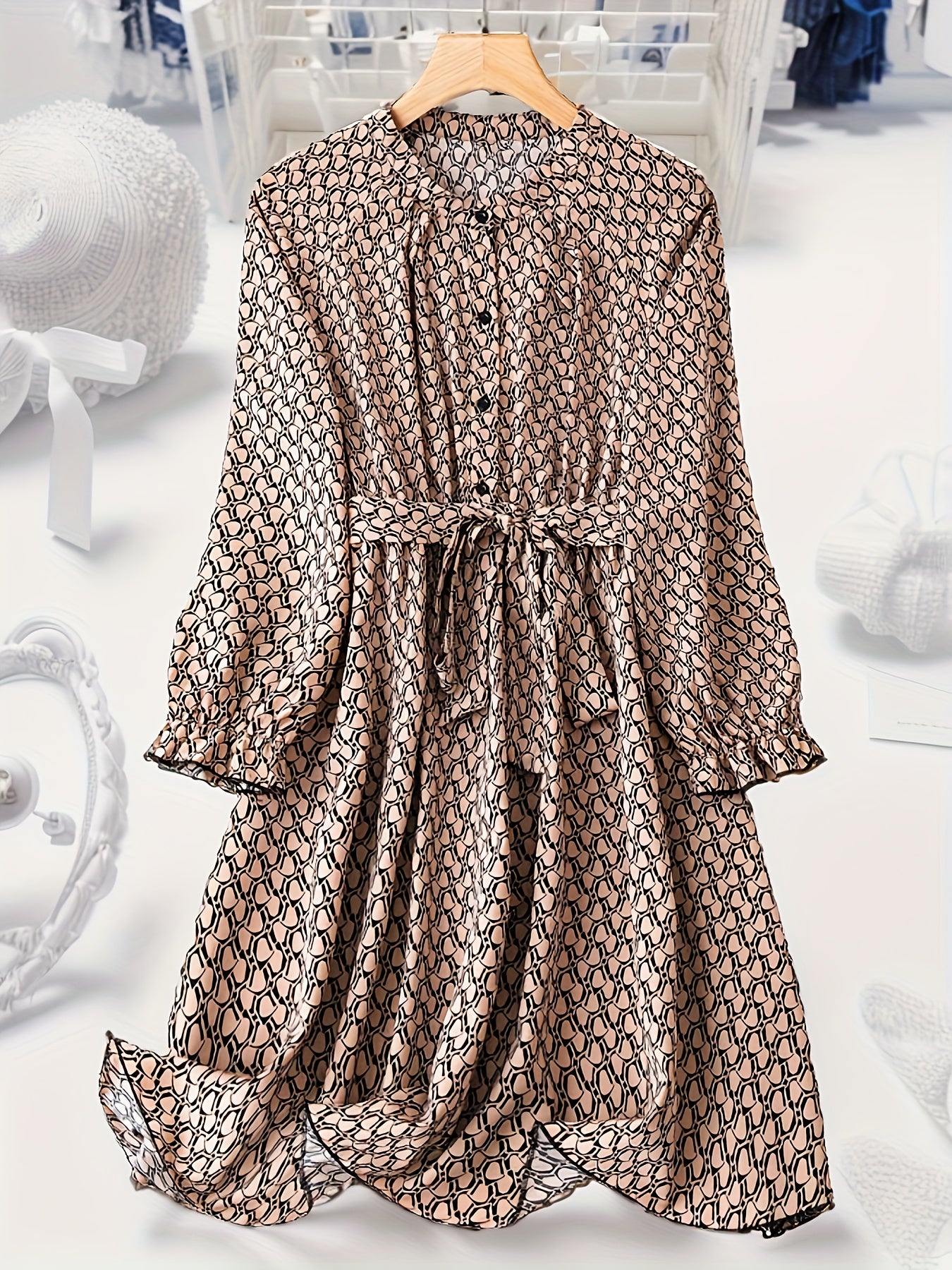  Allover Print Lantern Sleeve Casual Dress with Belt