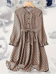  Allover Print Lantern Sleeve Casual Dress with Belt