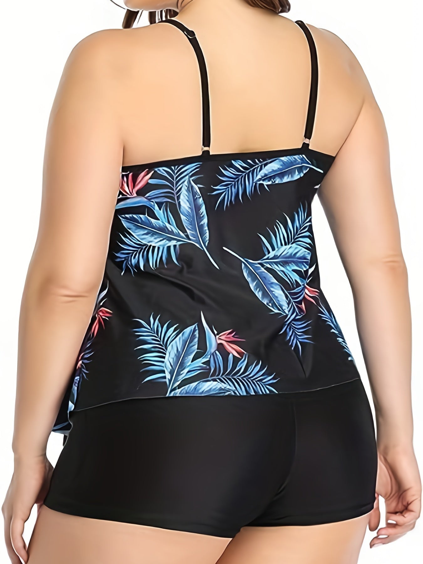  Tropical Print Ruffle Trim Tankini Set