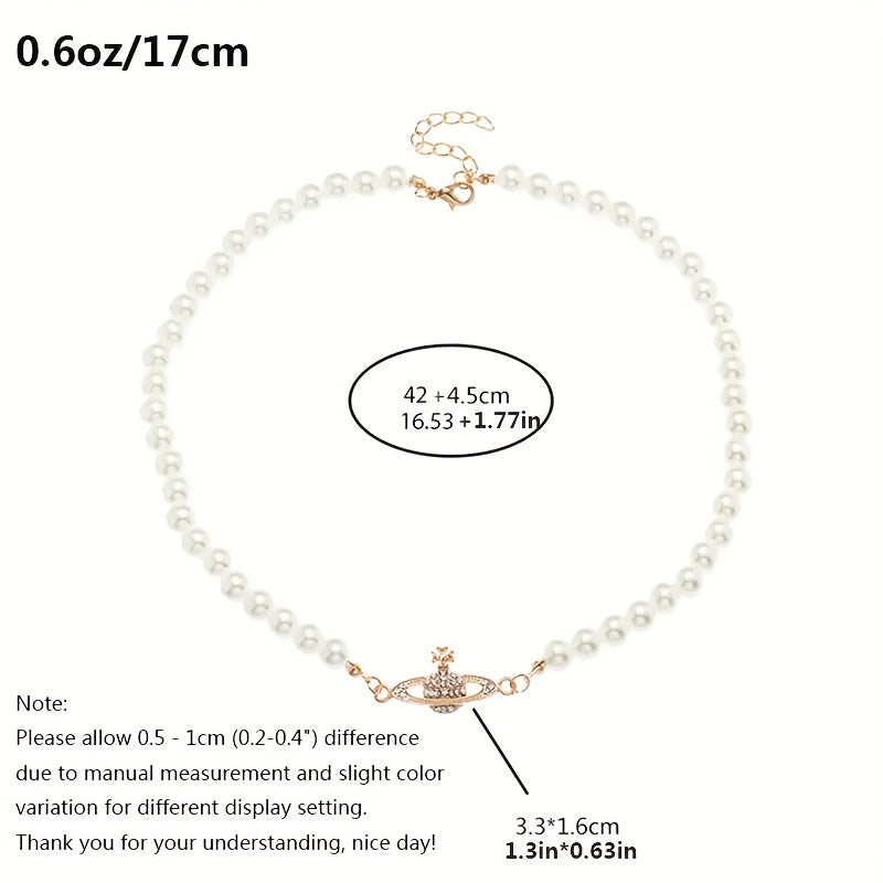 Pearl Necklace Rhinestone Planet Pendant Chain Mother's Holiday Birthday
