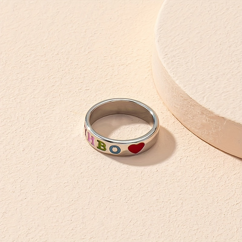 Rainbow Carved Oil Dripping Ring with Red Heart - Gift for Teen Girls