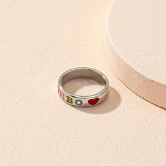 Rainbow Carved Oil Dripping Ring with Red Heart - Gift for Teen Girls