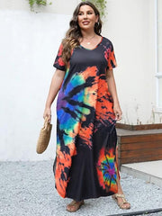 Women's Plus Tie Dye Short Sleeve V Neck Maxi Dress With Pockets
