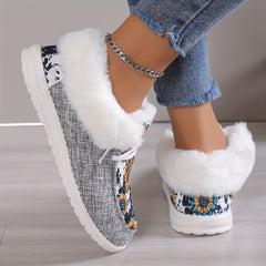 Women's Snow Boots Sunflower Print Plush Lined Slip On Fuzzy Canvas Shoes