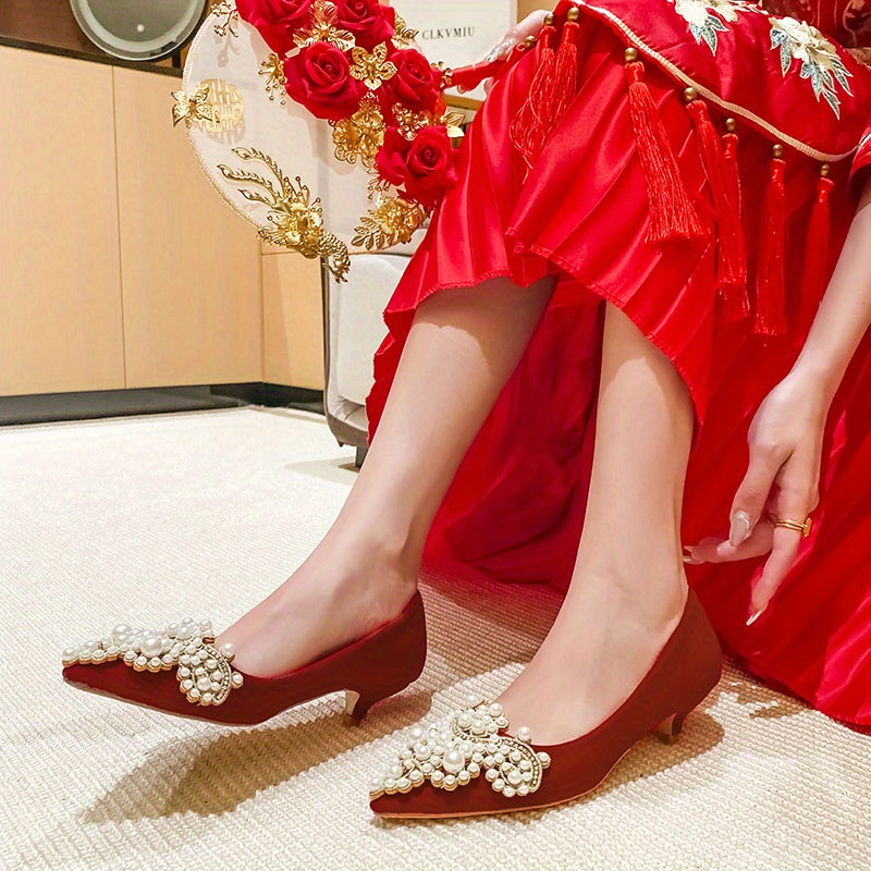 Women's Faux Pearl Pointed Toe Pumps Kitten Heeled Wedding Shoes