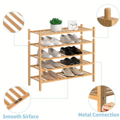 5 Tier Bamboo Shoe Rack Stackable Storage Shelf for Entryway Bedroom Bathroom
