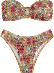  Floral Print Bikini Set with Ring Linked Shirred Tube Bra & Panty