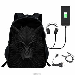 3D Printed Wolf Backpack USB Charge Boys Girls School Bags 16in High