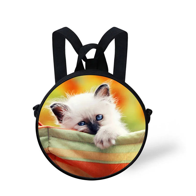3D Cat Print Kids Round Bag Kindergarten Backpack for Children