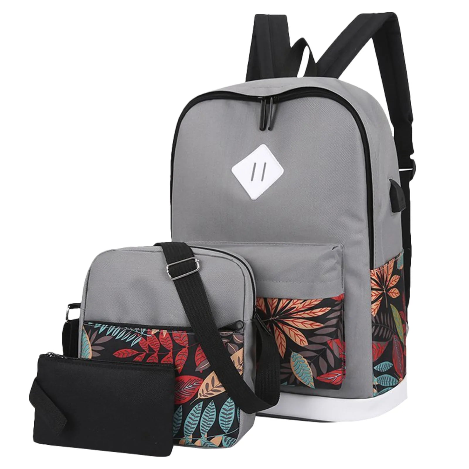3Pcs/Set Female Backpack Leaf Print Laptop Backpack Travel Bagpack