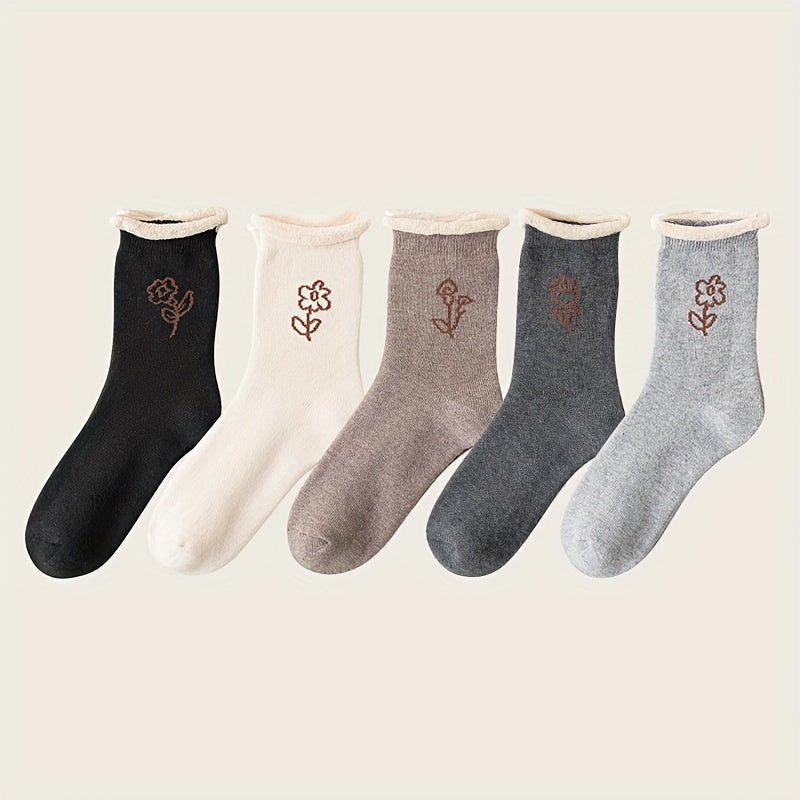 5 Pairs Floral Print Socks Comfy & Warm Mid Tube Socks Women's Stockings