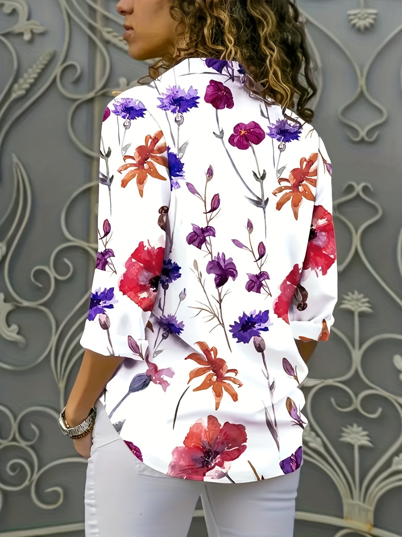  Floral Print Button Up Long Sleeve Blouse