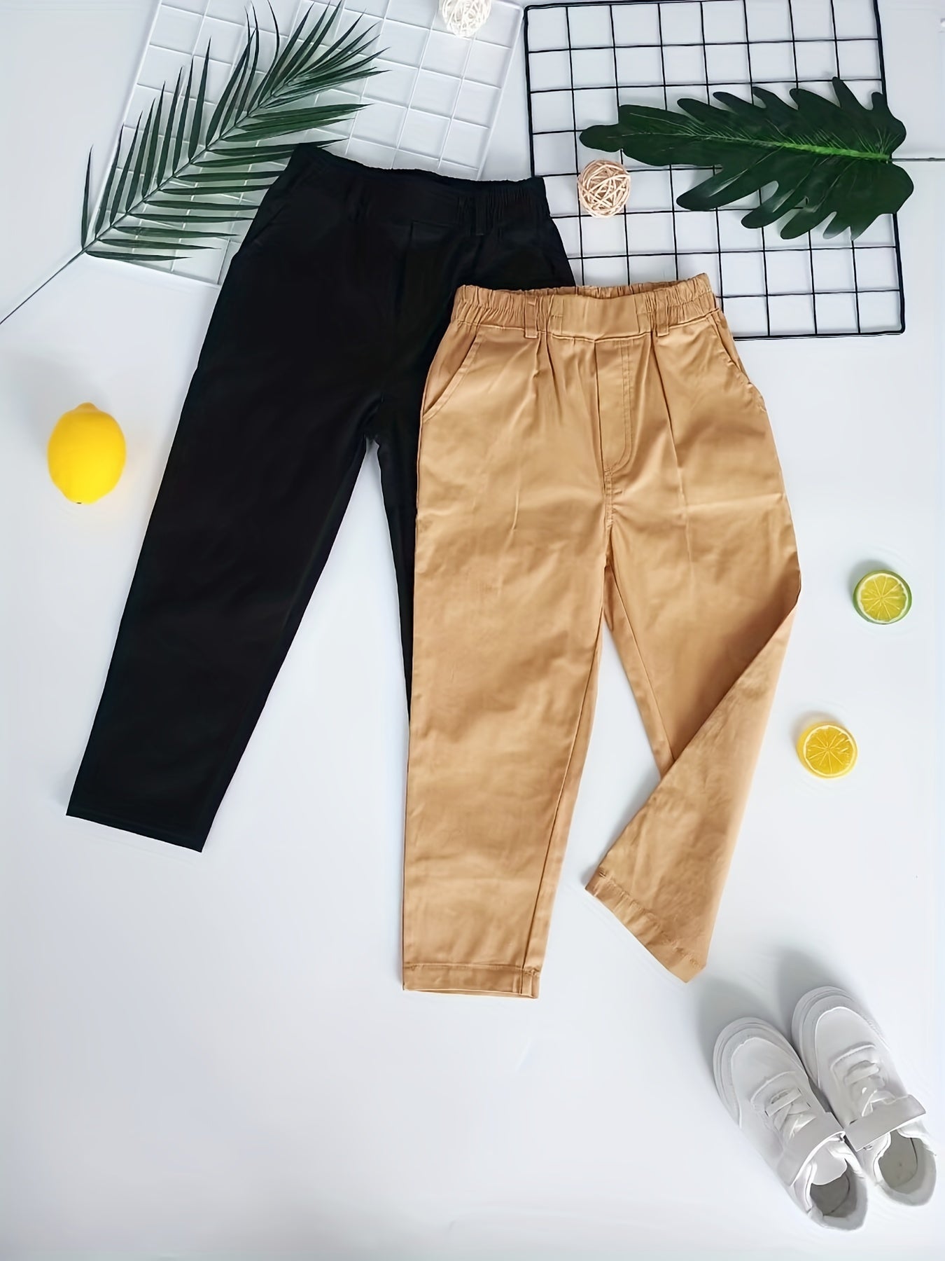 2pcs Boys Solid Loose Cargo Pants Elastic Waist Jogger Pants With Pocket