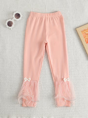 Girls Ruffle Mesh Trim Leggings With Bowknot