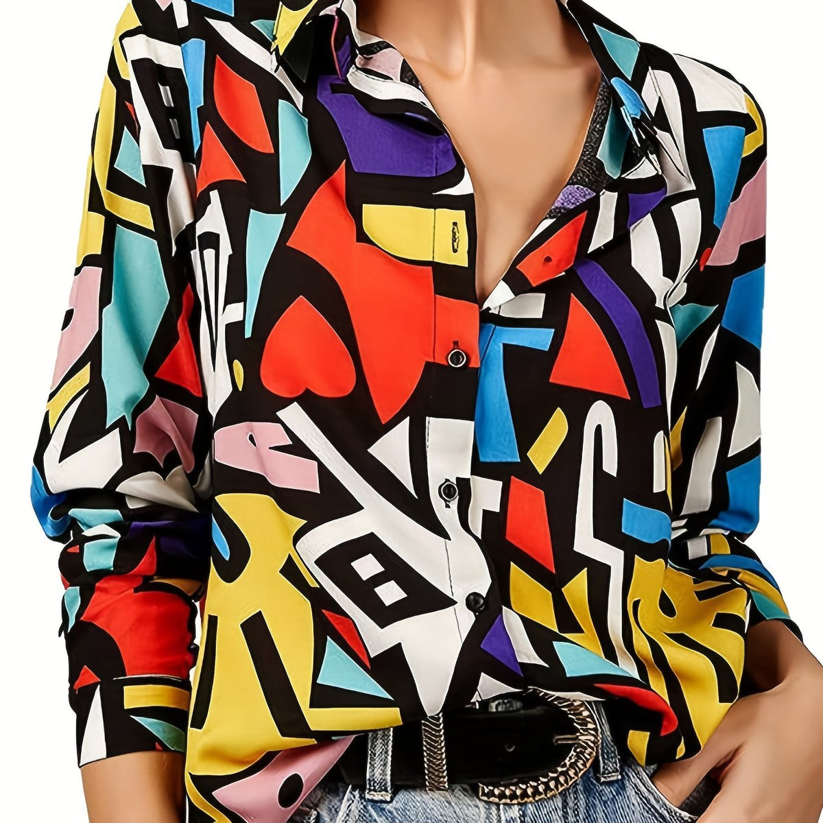  Colorblock Geometric Print Button Up Blouse