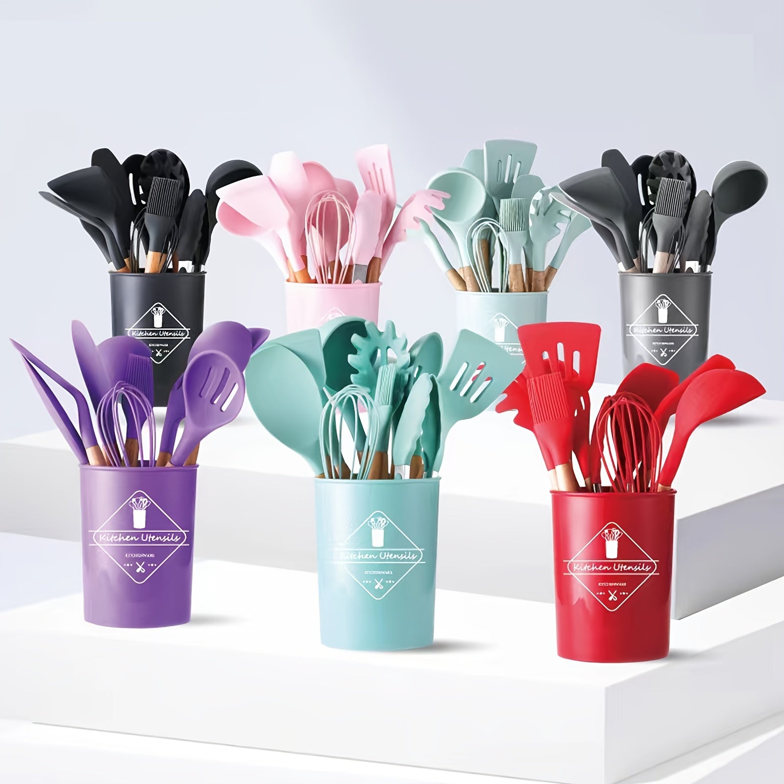 12pcs Silicone Kitchen Utensils Set with Wooden Handle and Storage Bucket