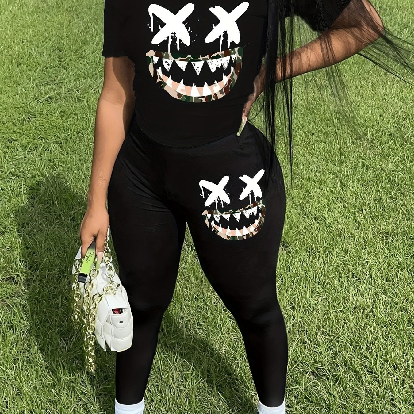Cartoon Print Tee & Leggings Set for Women