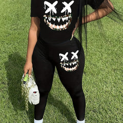 Cartoon Print Tee & Leggings Set for Women