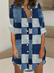  Denim Print Button Up Oversized Shirt
