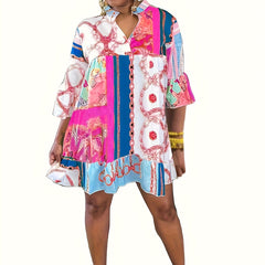  Colorblock Chain Print Ruffle Trim Smock Dress