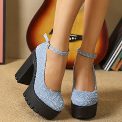 Women's Denim Block Heels Buckle Strap Platform Pumps