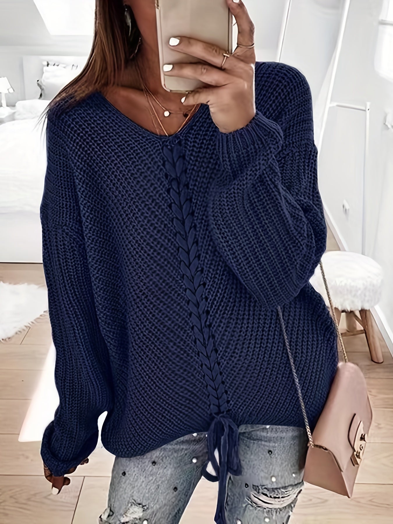  Casual Sweater Women's Plus Solid V Neck Lace Up Pullover Jumper