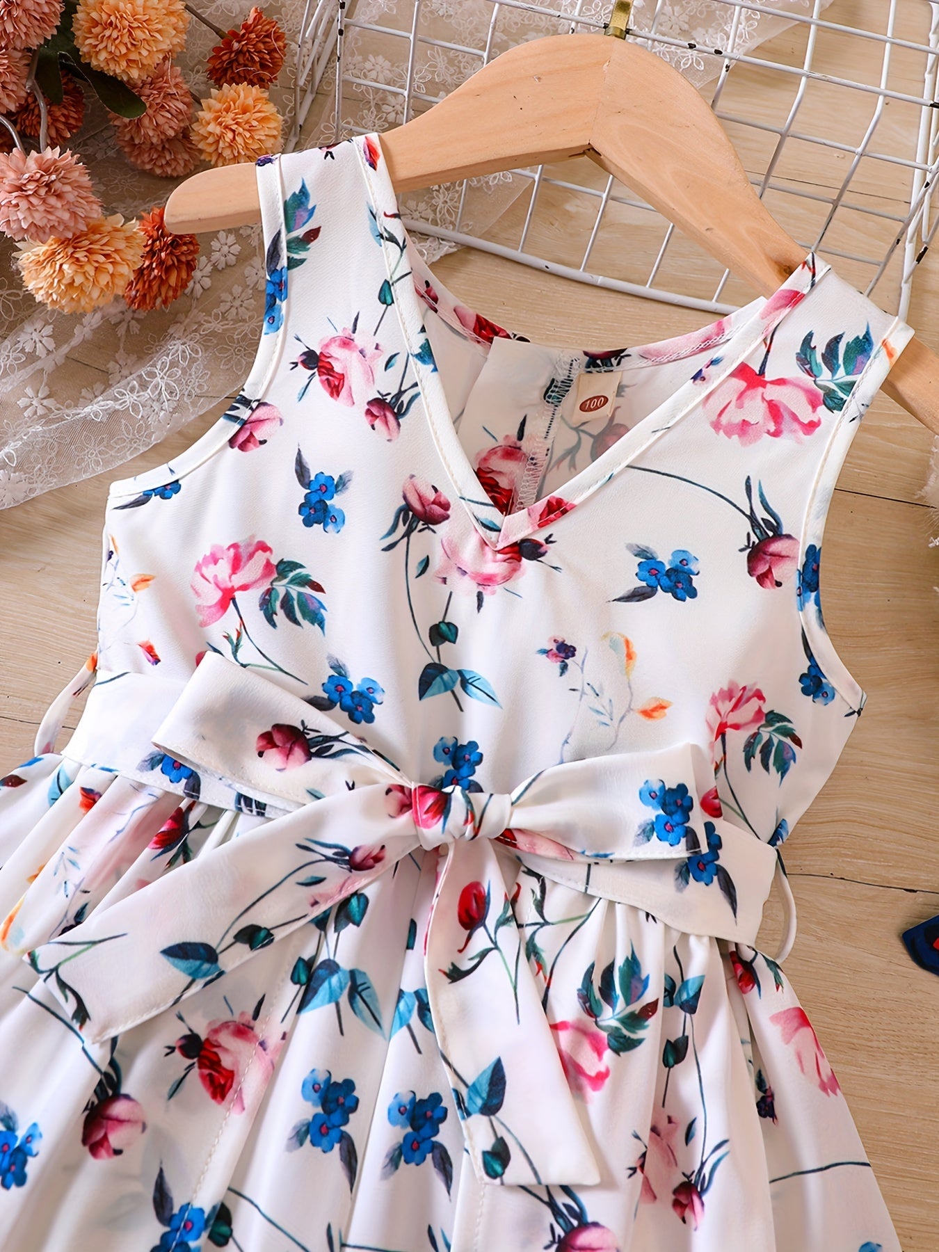 Girls V neck Flowers Graphic Belted Skirt Rompers