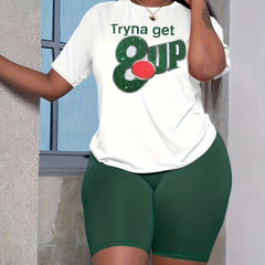 Spring/Summer 2pc Set Graphic Print T-shirt & Slim Shorts Outfit