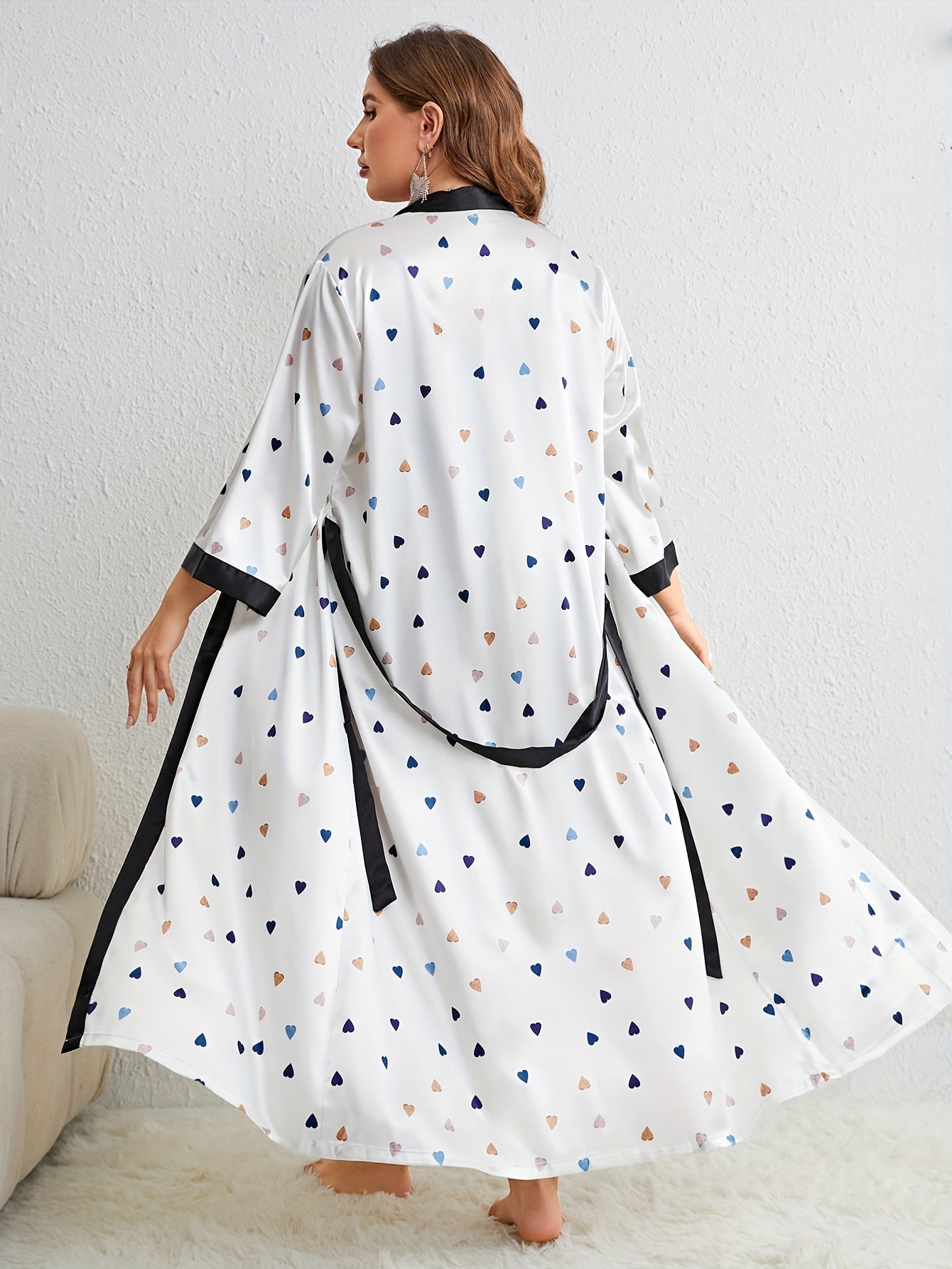  Colorful Heart Print Robe & Cami Dress Pajamas Set