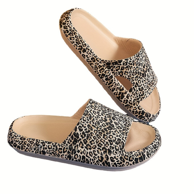 Leopard Print Slides Open Toe Slip On Shoes Women's Comfy Indoor Shoes