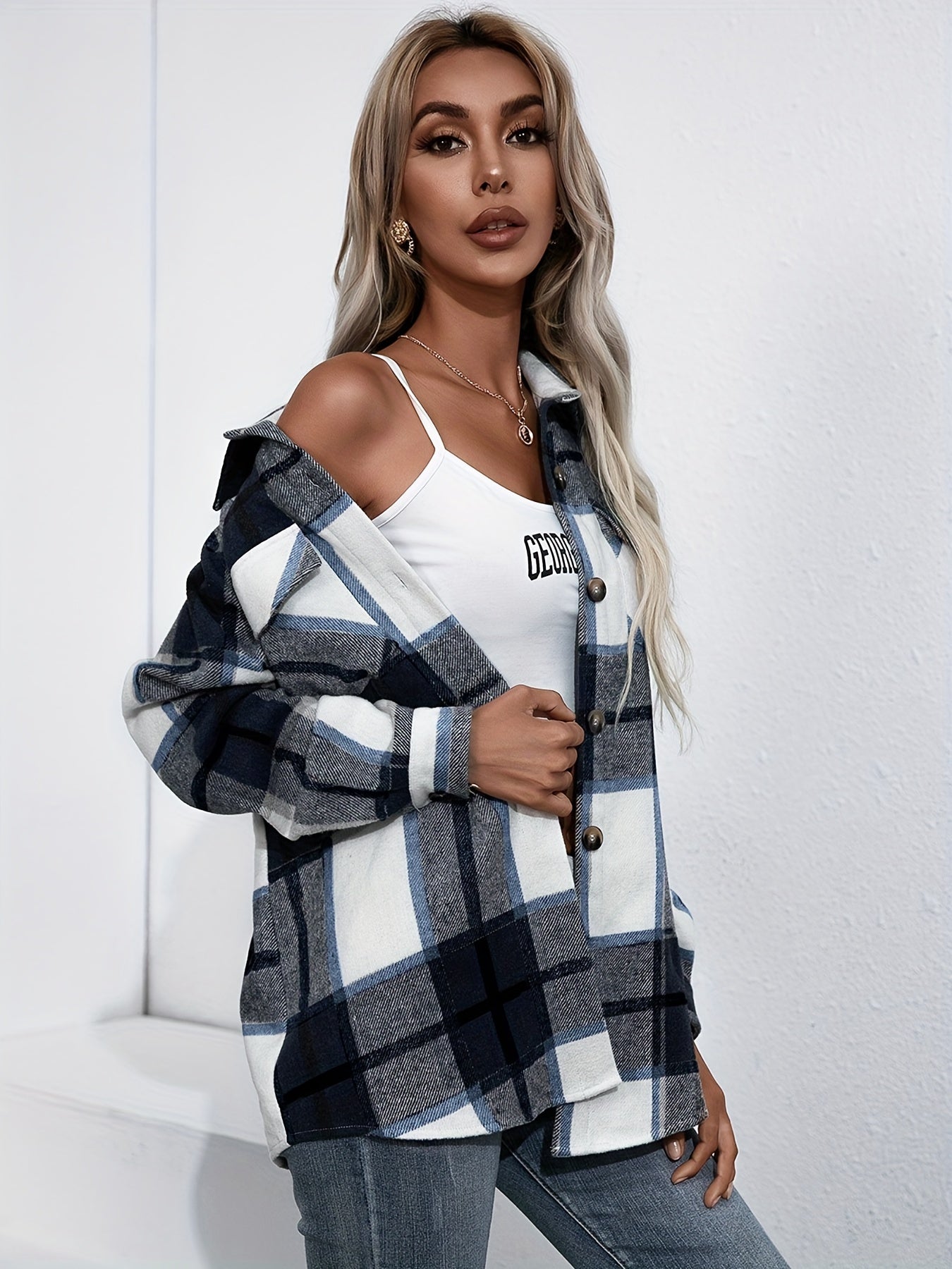  Plaid Print Button Up Long Sleeve Shacket