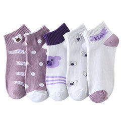 5 Pairs Cartoon Print Graphic Ankle Crew Socks Women's Floral Multi One Size