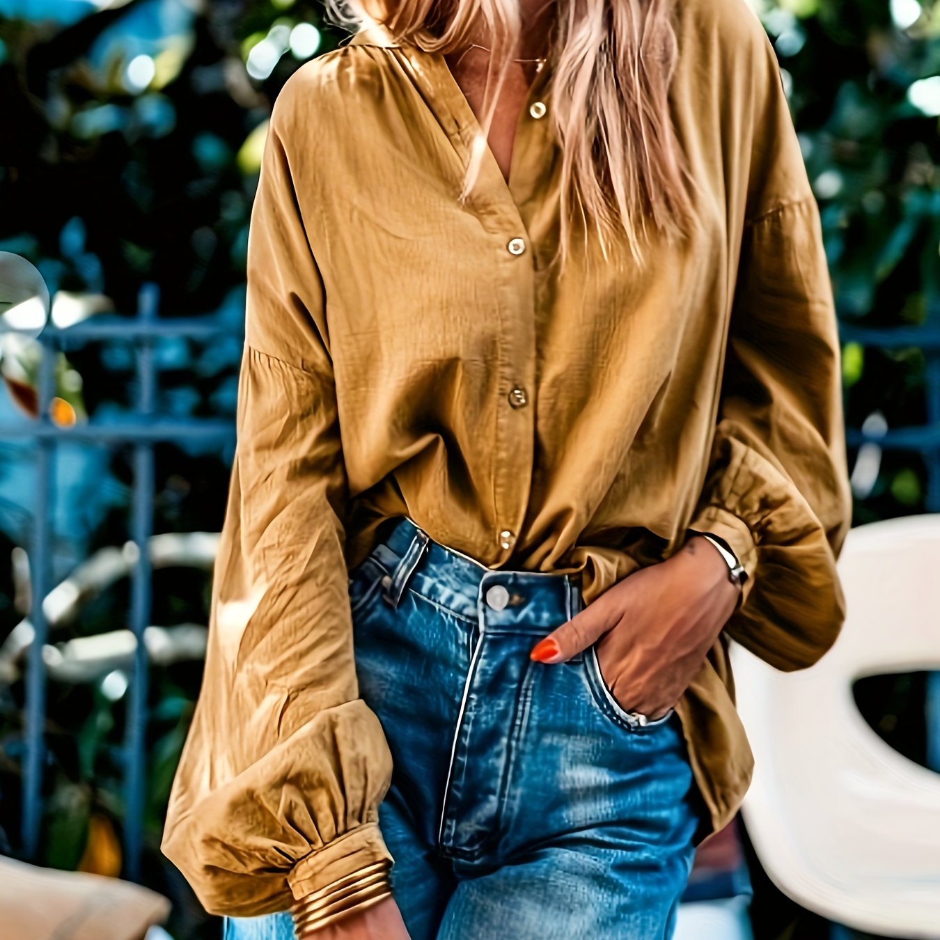  Solid Button Up Lantern Sleeve V Neck Blouse