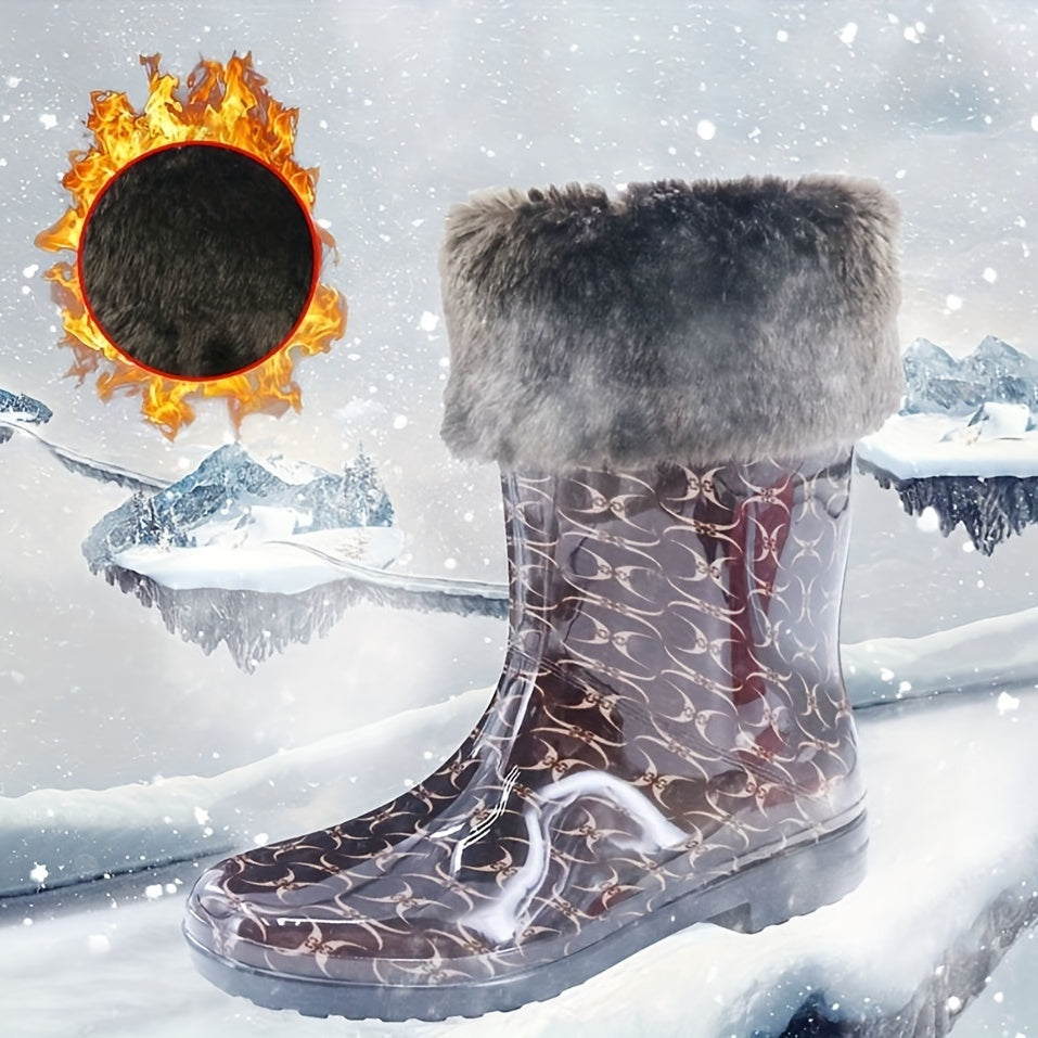 Women's Plush Lined Mid Calf Boots Waterproof Thermal Fluffy Fur Slip On Shoes