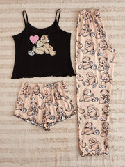 Bear Print Pajama Set Cami Top & Shorts & Pants