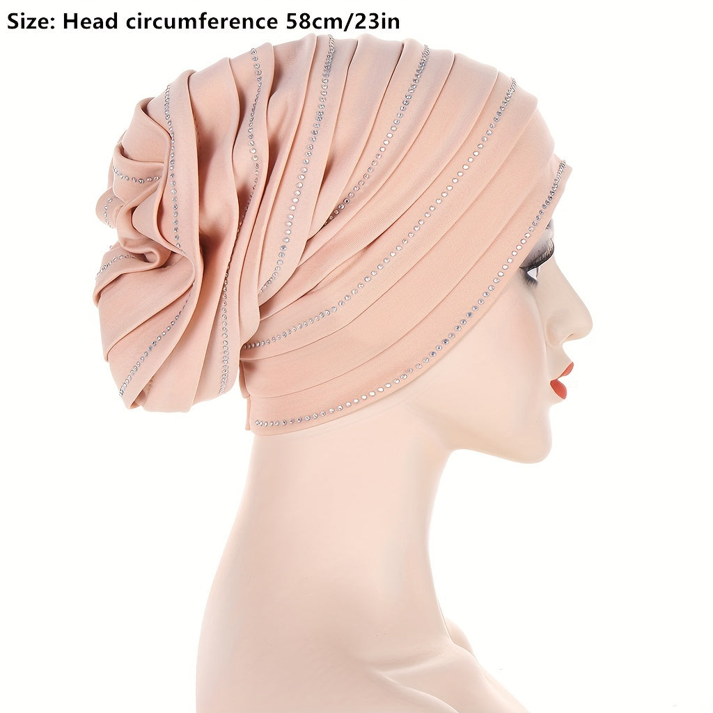 Pleated Satin Turban Cap Rhinestone Decor Head Wraps Elastic Hijab Hats