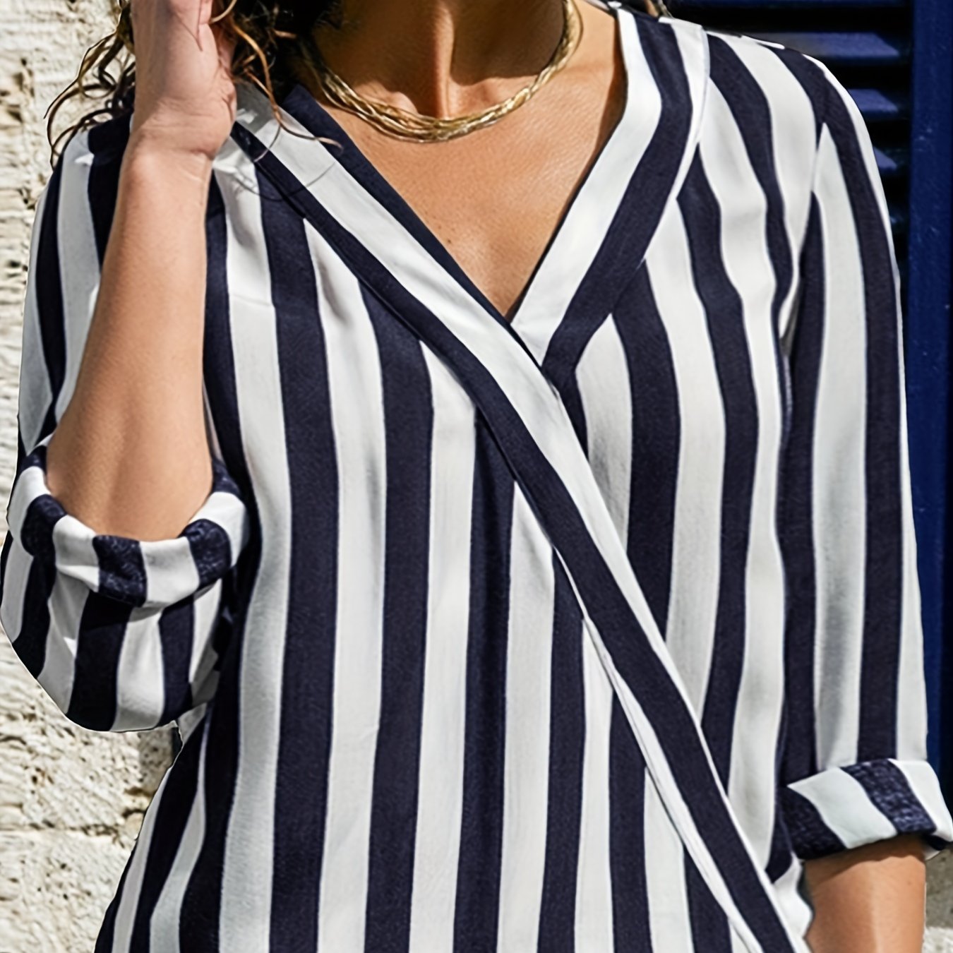  Stripe Print Long Sleeve V Neck Stretch Top