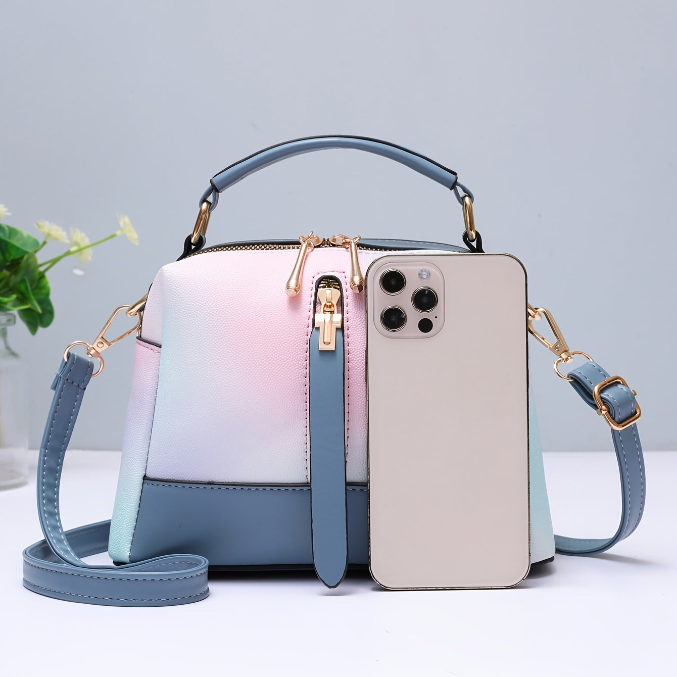 Ombre Square Crossbody Bag Zipper Women's Small PU Leather Purse