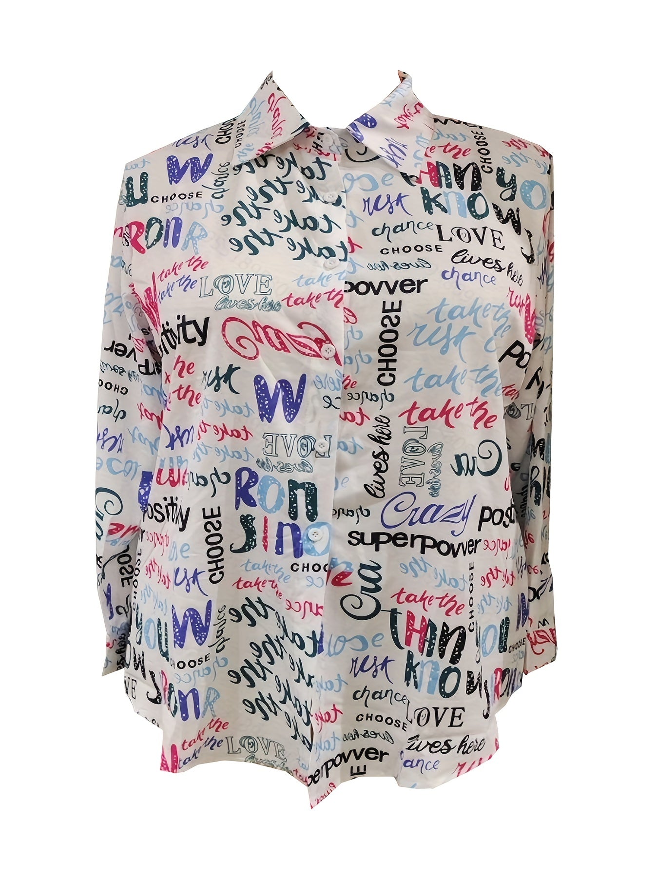  Allover Letter Print Button Up Long Sleeve Blouse