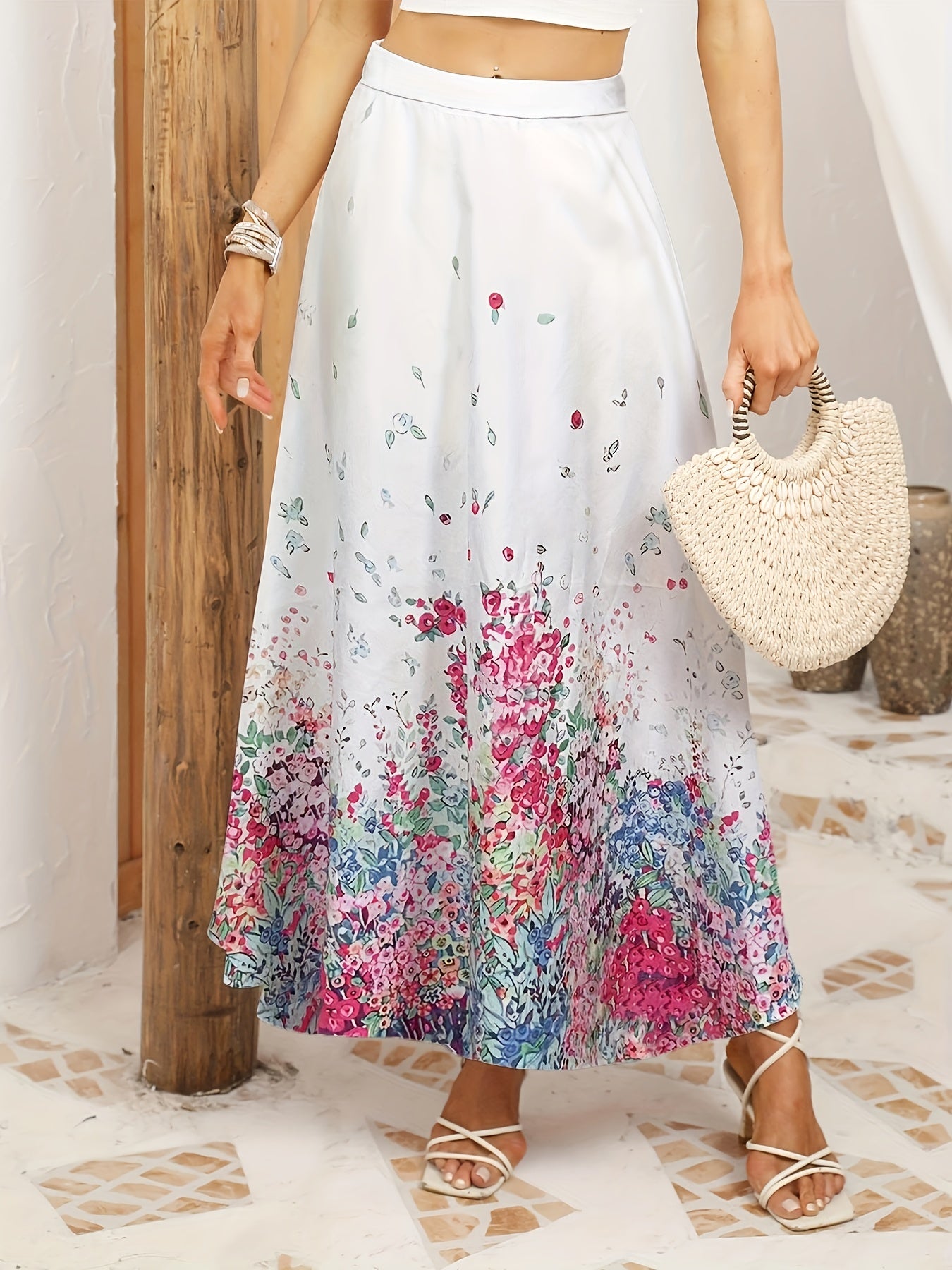 Women's Plus Floral Print Elastic High Rise A line Maxi Skirt