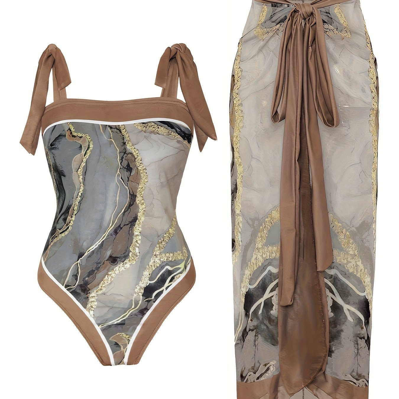  Marble Print Tankini Set One Piece Swimsuit & Skirt Two Piece Bathing