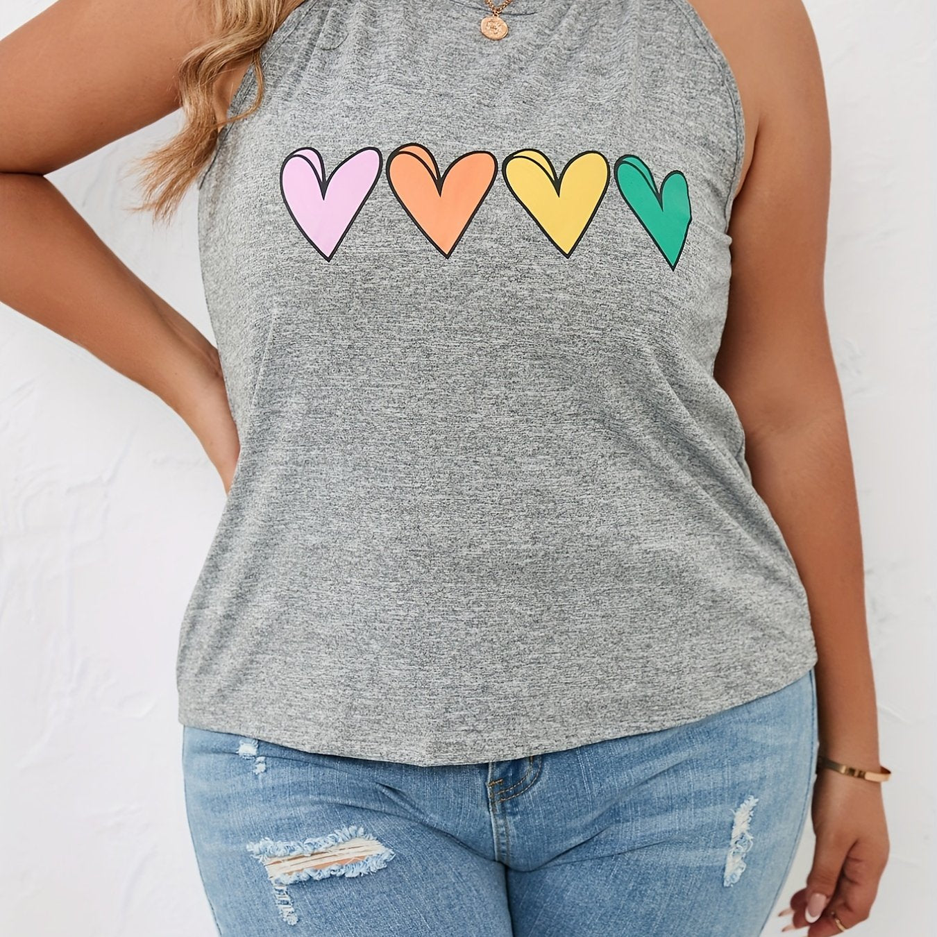  Heart Print Halter Neck Tank Top Women's Plus Medium Stretch