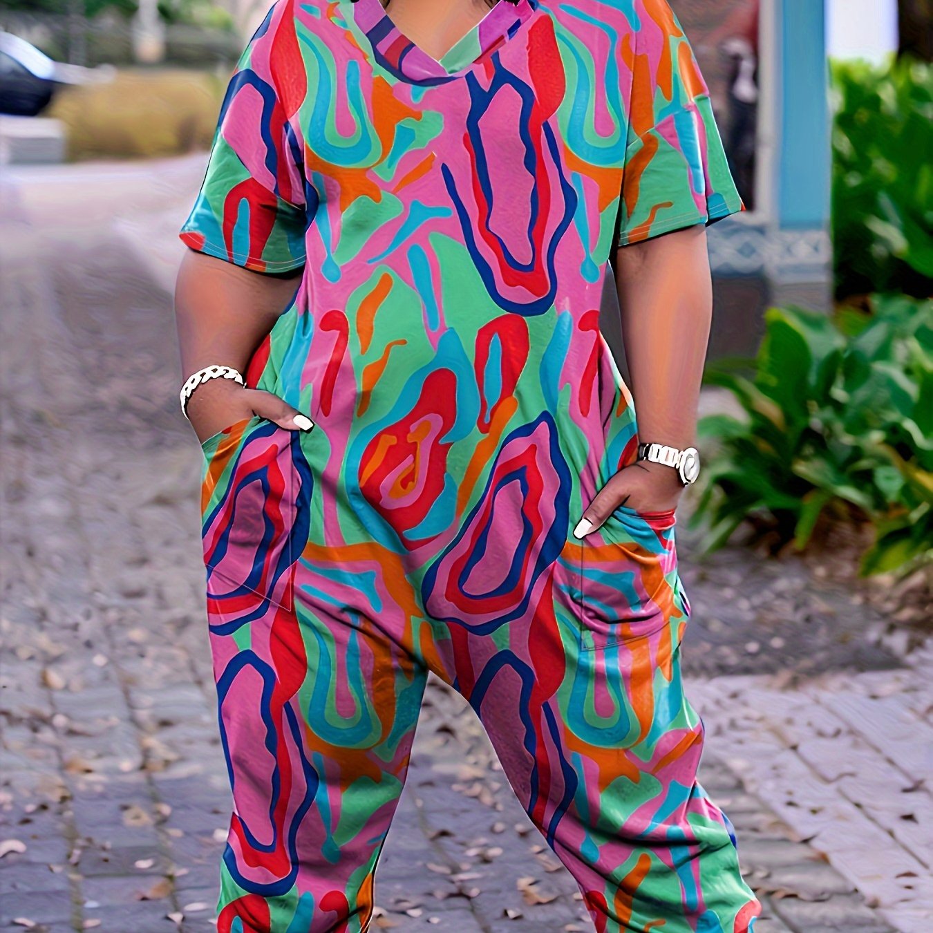  Colorblock Abstract Print V Neck Jumpsuit