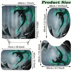 4pcs Waterproof Dragon Shower Curtain Set Flying Green Dragon Bath Mat