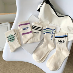 5 Pairs Letter Print Socks Comfy & Breathable Women's Stockings