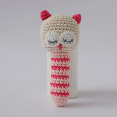Crochet Owl Plush Toy w/ Red Accents Soft Knit Animal Keychain Nursery Decor