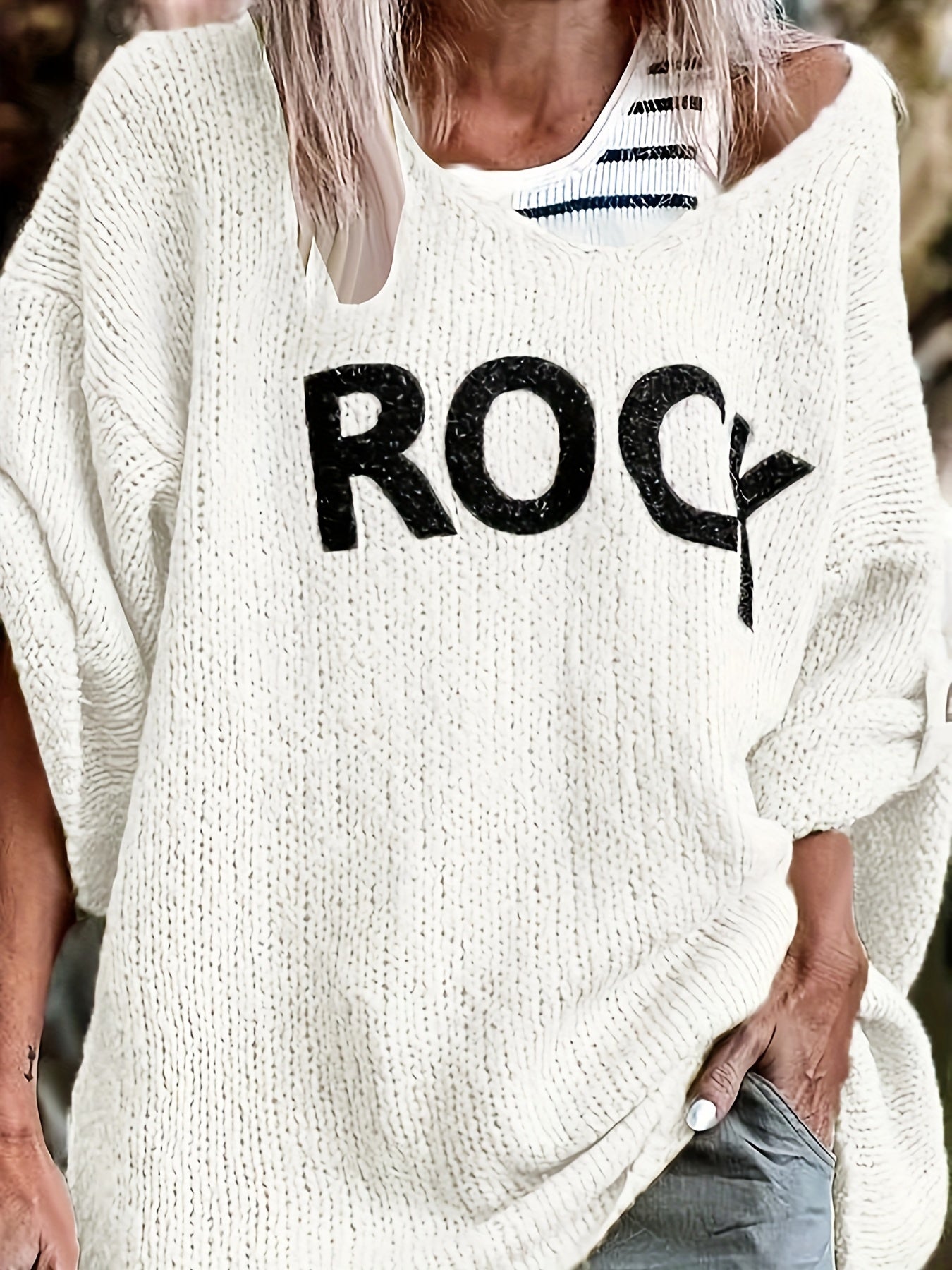  Casual Sweater Women's Plus Letter Print V Neck Jumper