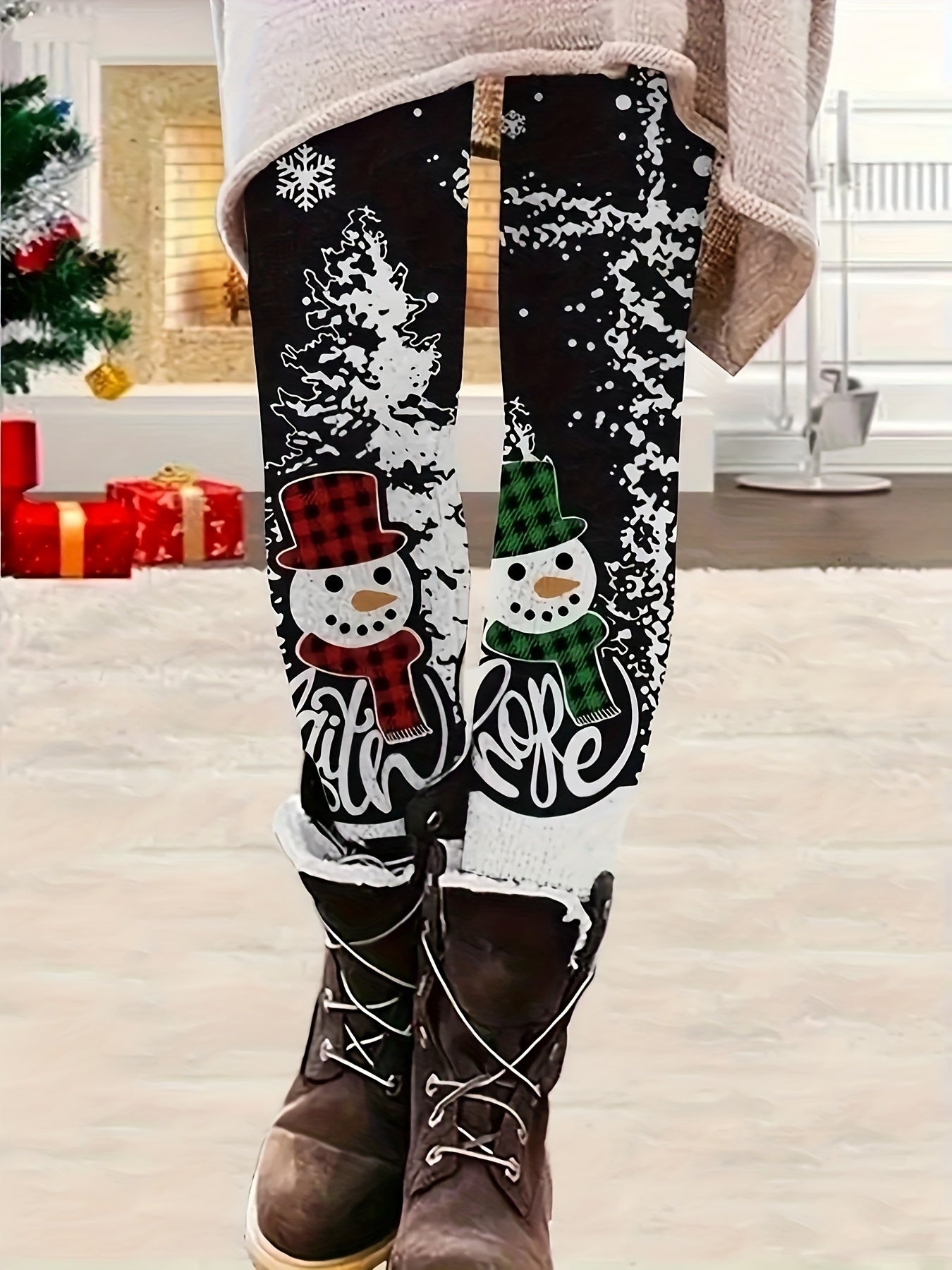  Christmas Leggings Snowman Print High Rise Stretch Leggings