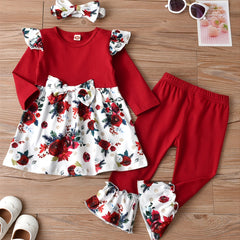 Girls Printed Bow Long Sleeve Top Flared Pants 3pcs Set